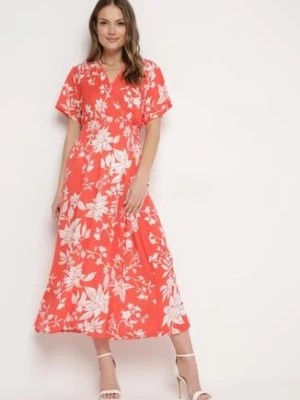Zdjęcie produktu Pomarańczowo-Biała Sukienka Długa z Kopertową Górą w Kwiatowy Print Solmare