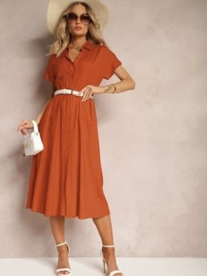 Zdjęcie produktu Pomarańczowa Sukienka Koszulowa z Lnem i Wiskozą Jucilla