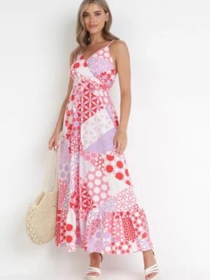 Zdjęcie produktu Różowa Sukienka Maxi na Ramiączkach w Fantazyjny Nadruk Erlavi