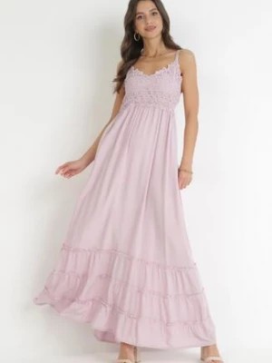 Zdjęcie produktu Różowa Sukienka Maxi na Ramiączkach z Koronkowymi Wstawkami i Falbankami Lemera