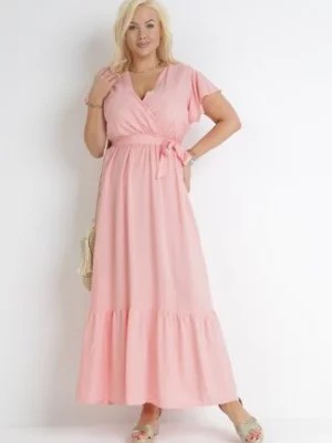 Zdjęcie produktu Różowa Sukienka Maxi z Gumką w Pasie i Materiałowym Paskiem Eisley