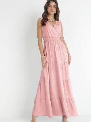 Zdjęcie produktu Różowa Sukienka Maxi z Kopertowym Dekoltem i Gumką w Pasie Eiliana