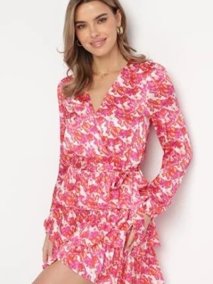 Zdjęcie produktu Różowa Sukienka Mini z Falbankami i Kopertowym Dekoltem Liwena