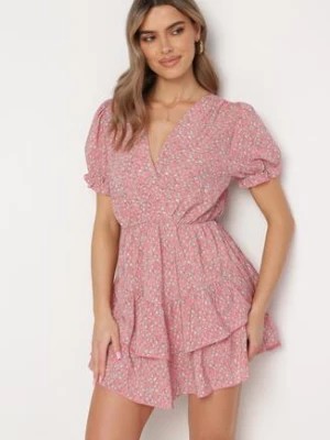 Zdjęcie produktu Różowa Sukienka Mini z Falbankami i Kopertowym Dekoltem z Gumką w Talii Isarola