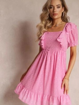 Zdjęcie produktu Rózowa Sukienka Mini z Gumką w Talii i Wiązaniem na Plecach Olitisa