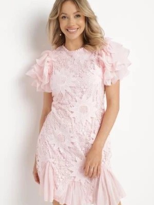 Zdjęcie produktu Różowa Sukienka Mini z Koronkowymi Wstawkami i Falbankami Soffiana