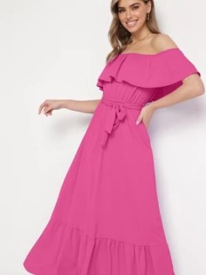 Zdjęcie produktu Różowa Sukienka o Rozkloszowanym Fasonie z Hiszpańskim Dekoltem i Materiałowym Paskiem Nacara