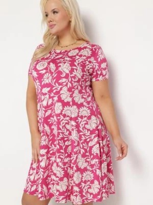 Zdjęcie produktu Różowa Sukienka w Kwiatowy Wzór z Rozkloszowanym Dołem z Wiskozy Anlafia