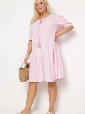 Zdjęcie produktu Różowa Sukienka Wiskozowa z Dekoltem Wiązanym z Frędzlami Brispia