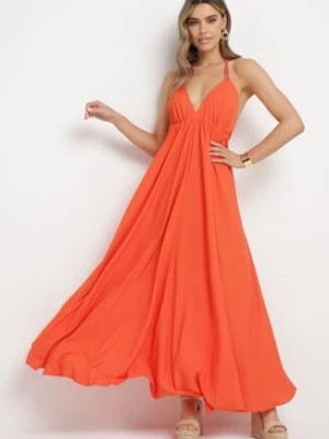 Zdjęcie produktu Pomarańczowa Sukienka z Wiskozy o Mocno Rozkloszowanym Fasonie Wiązana na Szyi Uldren