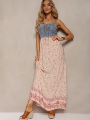 Zdjęcie produktu Różowa Sukienka z Wiskozy z Gumkami z Tyłu na Regulowanych Ramiączkach ze Sznurowaniem Azia