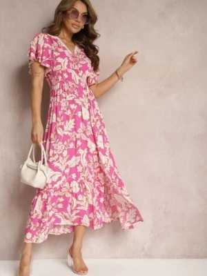 Zdjęcie produktu Różowa Sukienka z Wiskozy z Krótkim Rękawem Wiązana z Przodu Marszczona w Pasie Tessam