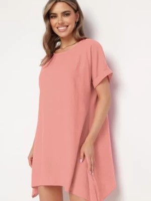 Zdjęcie produktu Różowa Tunika Sukienka z Krótkim Rękawem i Asymetrycznym Dołem Fianda