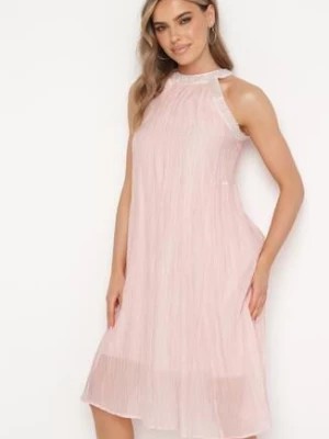 Zdjęcie produktu Różowa Wieczorowa Sukienka Trapezowa bez Rękawów Ozdobiona Perełkami Gemalia