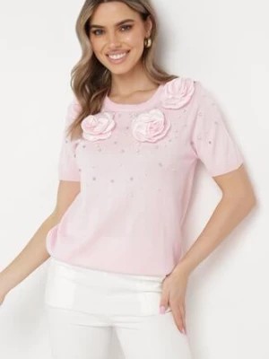 Zdjęcie produktu Różowa Wiskozowa Bluzka z Perełkami Cyrkoniami i Aplikacjami Kwiatków Tessia