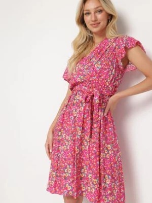 Zdjęcie produktu Różowa Wiskozowa Kopertowa Sukienka Wiązana Materiałowym Sznurkiem z Gumką w Talii Zanlea