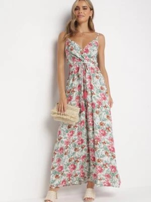 Zdjęcie produktu Różowa Wiskozowa Maxi Sukienka z Kopertowym Dekoltem na Cienkich Ramiączkach Renneh