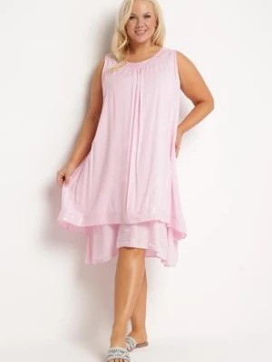 Zdjęcie produktu Różowa Wiskozowa Sukienka Dwuwarstwowa bez Rękawów Ozdobiona Cekinami Miteria