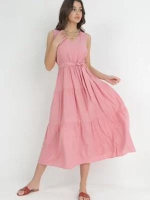 Zdjęcie produktu Różowa Wiskozowa Sukienka Midi z Gumką w Pasie i Materiałowym Paskiem Bicuh
