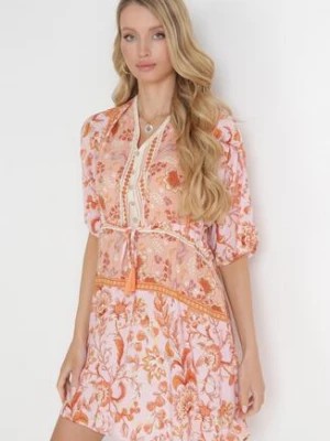 Zdjęcie produktu Pomarańczowo-Różowa Wiskozowa Sukienka Mini Nietoperz z Ozdobnym Wiązaniem na Plecach Jode