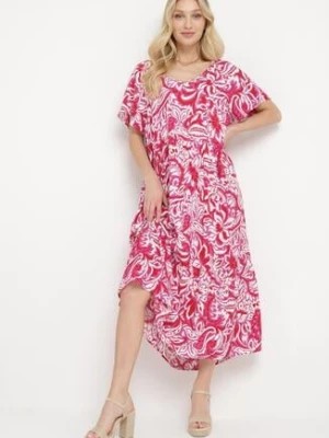 Zdjęcie produktu Różowa Wiskozowa Sukienka z Krótkim Rękawem i Falbanką Cindabella