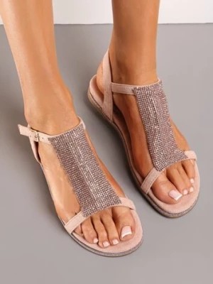 Zdjęcie produktu Różowe Sandały z Imitacji Zamszu Udekorowane Cyrkoniami Rannes