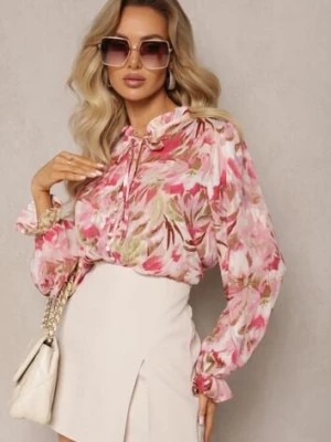 Zdjęcie produktu Różowo-Beżowa Koszula z Wiązaniem i Guzikami Ozdobiona Kwiatowym Motywem Fioralba