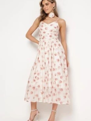Zdjęcie produktu Różowo-Beżowa Rozkloszowana Sukienka w Florystyczny Print z Chokerem Różą Jomeria