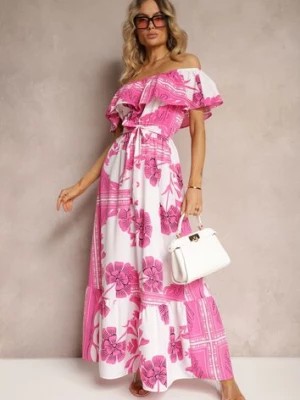 Zdjęcie produktu Różowo-Biała Hiszpanka Sukienka z Gumką w Talii i Materiałowym Paskiem z Falbankami Xoneri