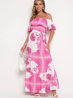 Zdjęcie produktu Różowo-Biała Sukienka Typu Hiszpanka z Gumką w Pasie i Materiałowym Paskiem Ozdobiona Falbanką Woneri