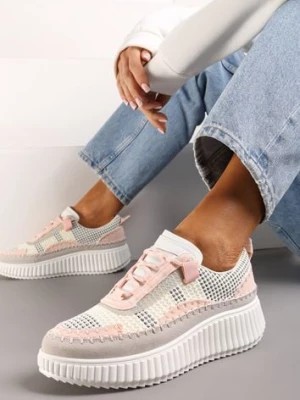 Zdjęcie produktu Różowo-Białe Casualowe Sneakersy z Wiązaniem na Wzorzystej Grubej Podeszwie Aniata