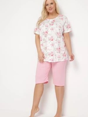 Zdjęcie produktu Różowo-Biały Komplet Piżamowy w Kwiaty Koszulka z Krótkim Rękawem i Spodnie Lużne 3/4 Lareni