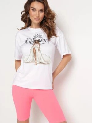Zdjęcie produktu Różowo-Biały Komplet T-shirt z Nadrukiem i Kolarki z Wysokim Stanem Jannesca