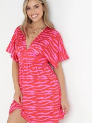 Zdjęcie produktu Różowo-Czerwona Satynowa Sukienka z Luźnym Rękawem Azona