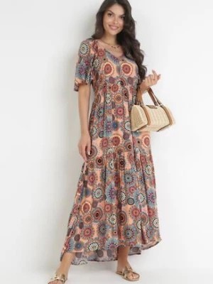 Zdjęcie produktu Różowo-Niebieska Rozkloszowana Sukienka Maxi z Falbanką z Wiskozy Sehna
