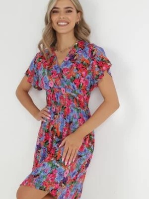 Zdjęcie produktu Różowo-Niebieska Sukienka Mini z Szeroką Gumką w Talii i Kopertowym Dekoltem Nevun