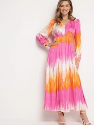 Zdjęcie produktu Różowo-Pomarańczowa Satynowa Sukienka Maxi o Rozkloszowanym Kroju z Guzikami Lisita