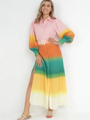 Zdjęcie produktu Różowo-Zielona Koszulowa Sukienka Ombre z Paskiem Majorie