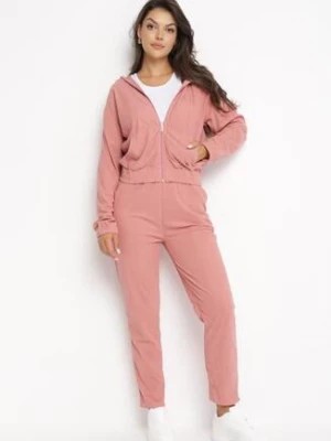 Zdjęcie produktu Różowy 2-częściowy Prążkowany Komplet Dresowy z Bluzą i Spodniami Tuenna