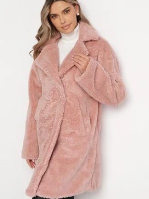 Zdjęcie produktu Różowy Futrzany Płaszcz Przed Kolano na Guziki Vignera
