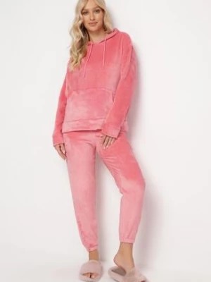 Zdjęcie produktu Różowy Komplet Piżamowy Bluza z Kapturem i Spodnie Joggery z Pluszowej Dzianiny Carlala