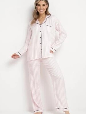 Zdjęcie produktu Różowy Komplet Piżamowy Długa Koszula i Spodnie w Paseczki Firosa
