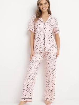 Zdjęcie produktu Różowy Komplet Piżamowy w Print z Wiskozy Spodnie z Gumką w Talii i Koszulowa Góra Adispro