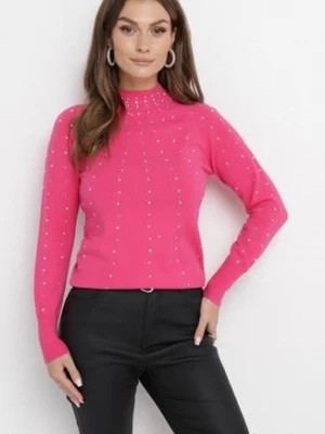 Zdjęcie produktu Różowy Sweter z Golfem Ozdobiony Kompozycją z Cyrkonii Ruittes