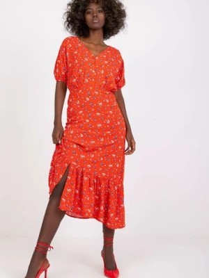 Zdjęcie produktu RUE PARIS Sukienka z ozdobną falbaną - czerwona w kwiaty