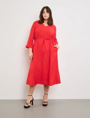 Zdjęcie produktu SAMOON Damski Sukienka midi z rękawami o dł. 3/4 i troczkiem w serek Czerwony Jednokolorowy