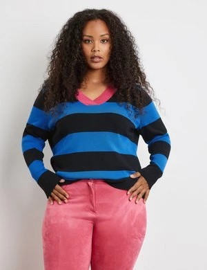 Zdjęcie produktu SAMOON Damski Sweter w blokowe pasy 66cm długie w serek Niebieski W paski