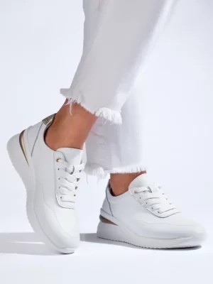 Zdjęcie produktu Skórzane białe sneakersy damskie na koturnie Shelvt
