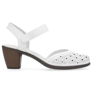 Zdjęcie produktu Skórzane komfortowe sandały damskie na obcasie białe Rieker 40991-80