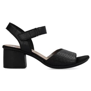 Zdjęcie produktu Skórzane komfortowe sandały damskie na obcasie na rzep czarne Rieker 64693-00